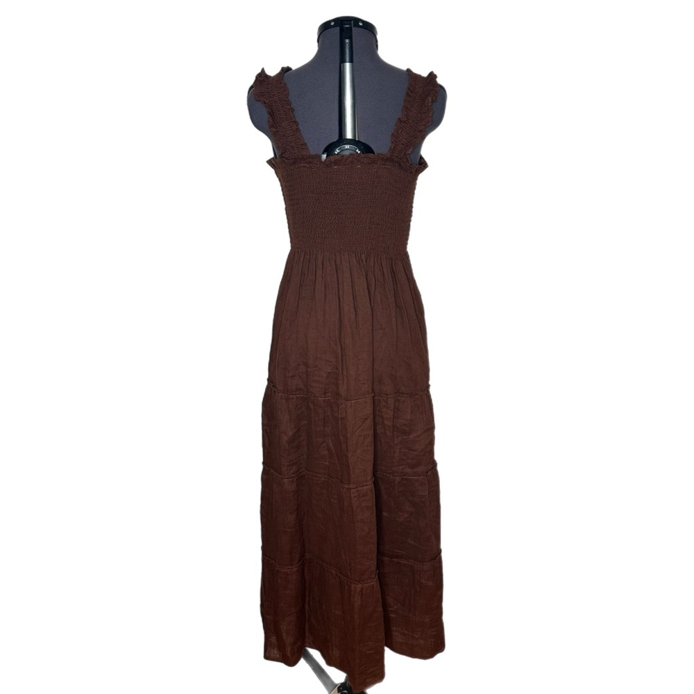 Quince Brown Smocked Tiered Midi Dress - Picture 3 of 8